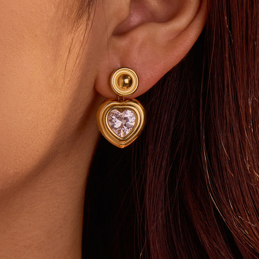 Orecchini retrò in acciaio inossidabile a forma di cuore alla francese con intarsio in zircone, orecchini minimalisti di moda per le donne
