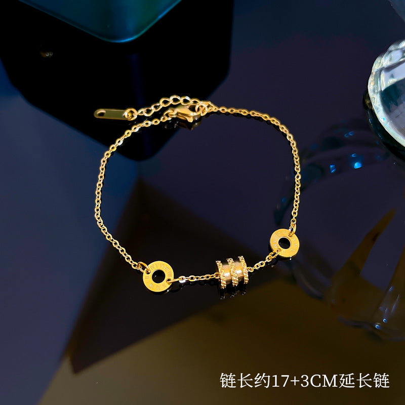 Vintage Korean Titanium Steel Letter Chain Bracelet for Women with Round Pendants and Wavy Bean-shaped Details