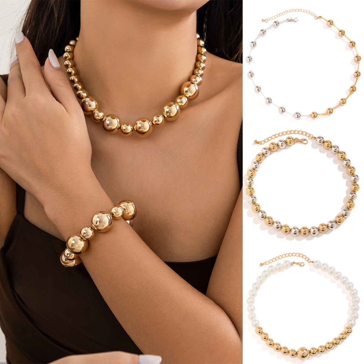 Collana Punk da Donna con Ciondolo Geometrico a Sfera in Lega Galvanizzata e Perle in Resina su Catena a Sfera