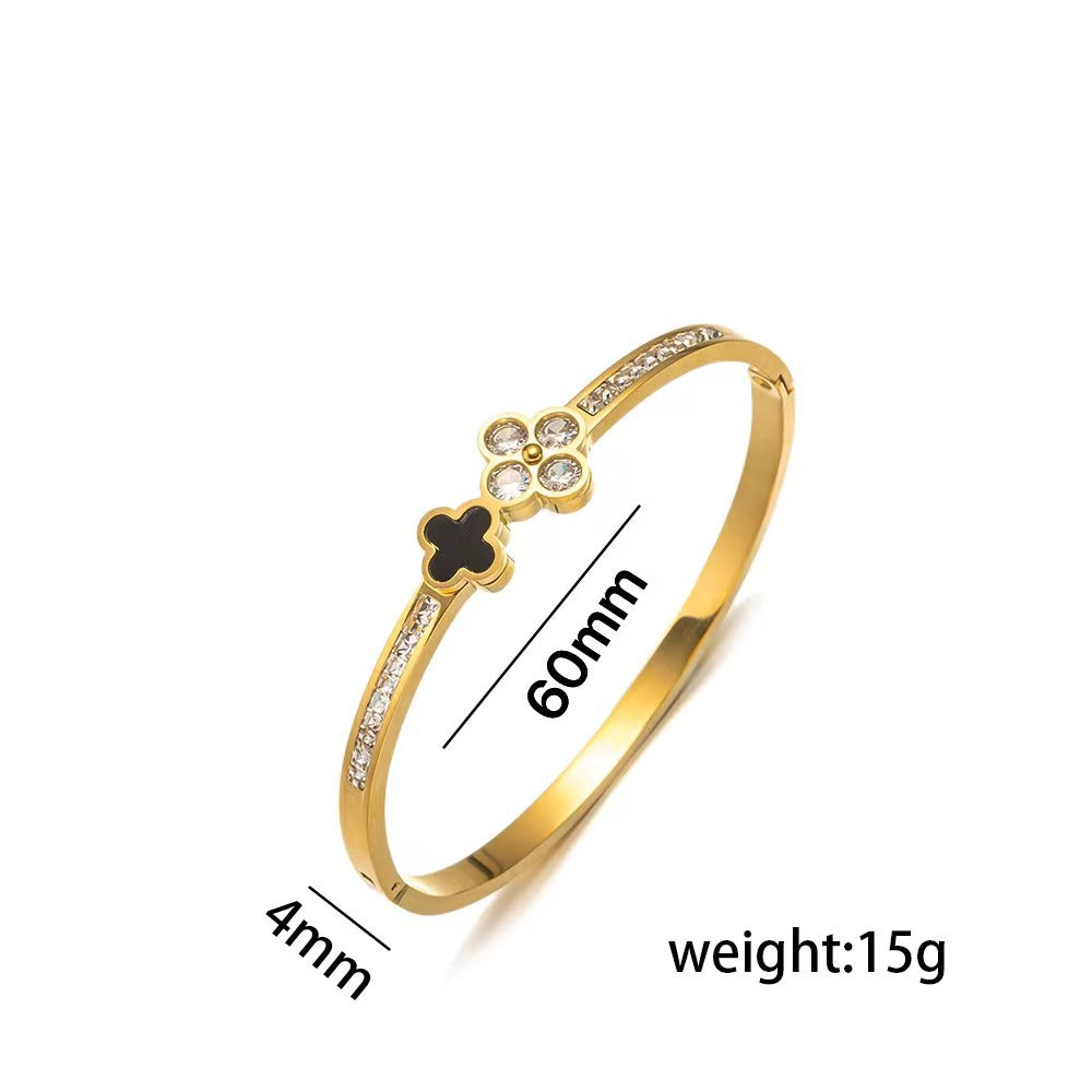 Minimalist Clover-Shaped Titanium Steel Bracelet with Rhinestone Inlay and Mother-of-Pearl Accents for Women