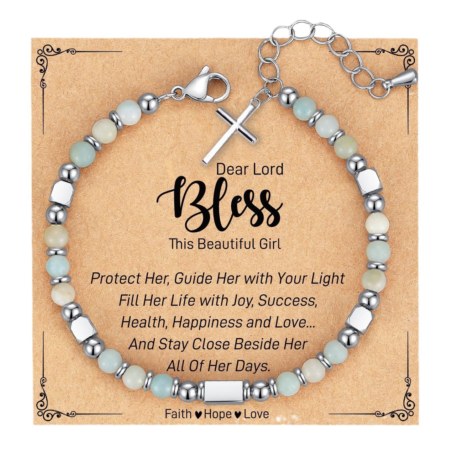 Minimalist Stainless Steel Square Bead Cross Pendant Turquoise Crystal Adjustable Bracelet