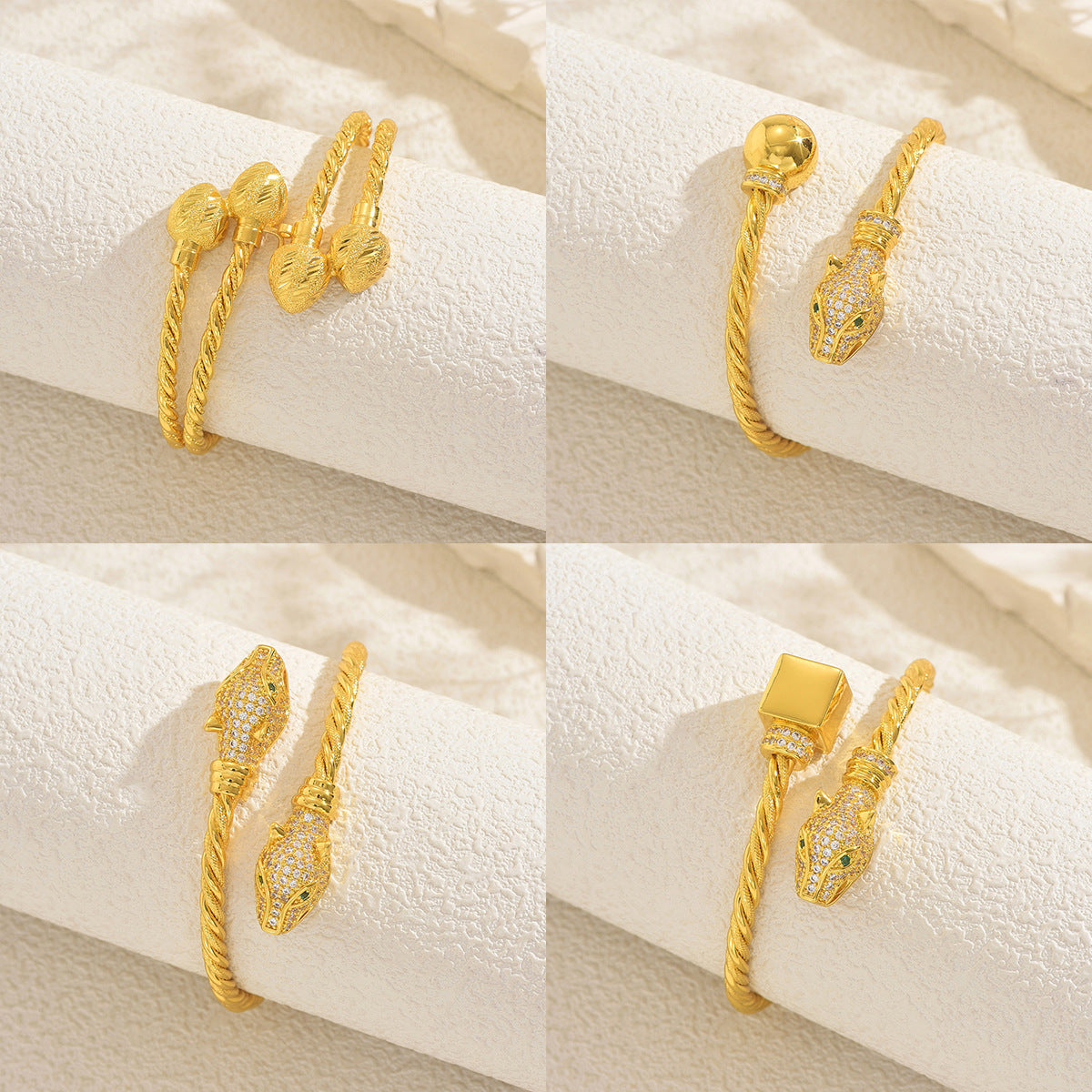 Luxury Geometric Snake-Shaped Open Bangle Set for Women Made of Brass Alloy with Rhinestone Inlay