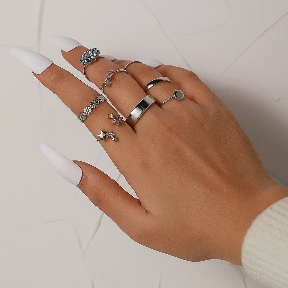 Minimalist Geometric Butterfly Rhinestone Pearl Drip Oil Alloy Ring Set for Women