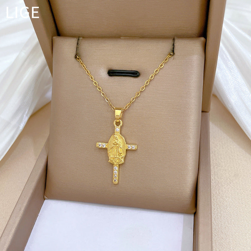 Luxury Full-Rhinestone Cross Pendant Necklace for Women and Men Titanium Steel Delicate Clavicle Chain with Geometric Design