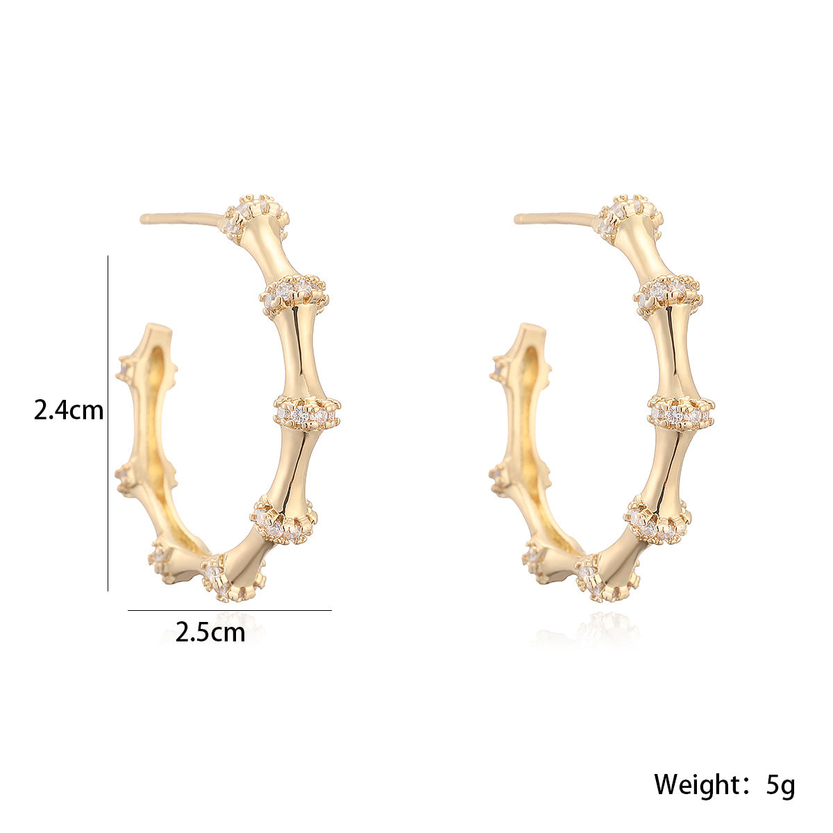 Luxury Elegant Geometric Gold Plated Brass C-Shape Bamboo Hoop Earrings with Cubic Zirconia for Women