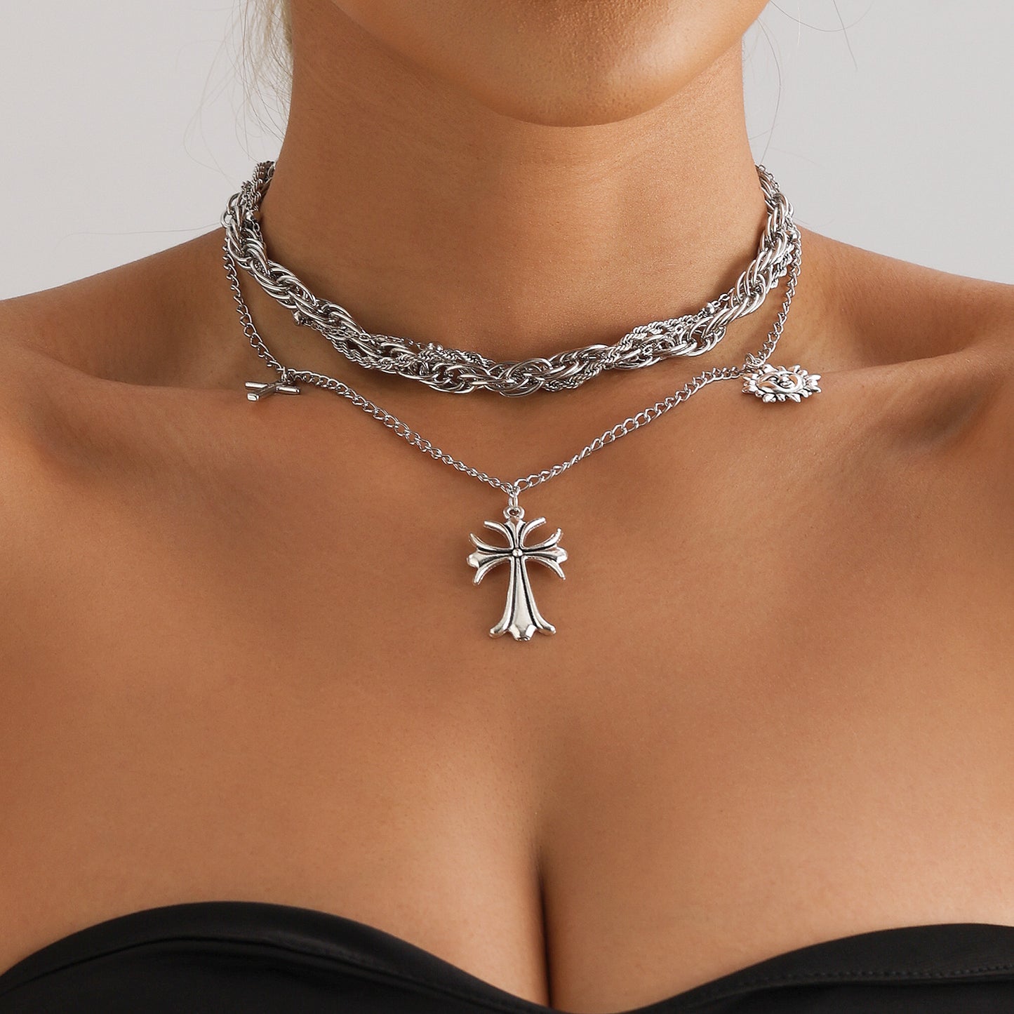 Edgy Y2K Style Cross Pendant Necklace for Women with Geometric Shape Alloy Chain and Electroplated Finish