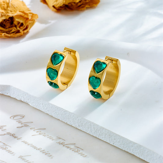 Minimalist Heart-Shaped Rhinestone-Set Emerald Green Vintage Wide-Band Titanium Steel Hoop Earrings for Women
