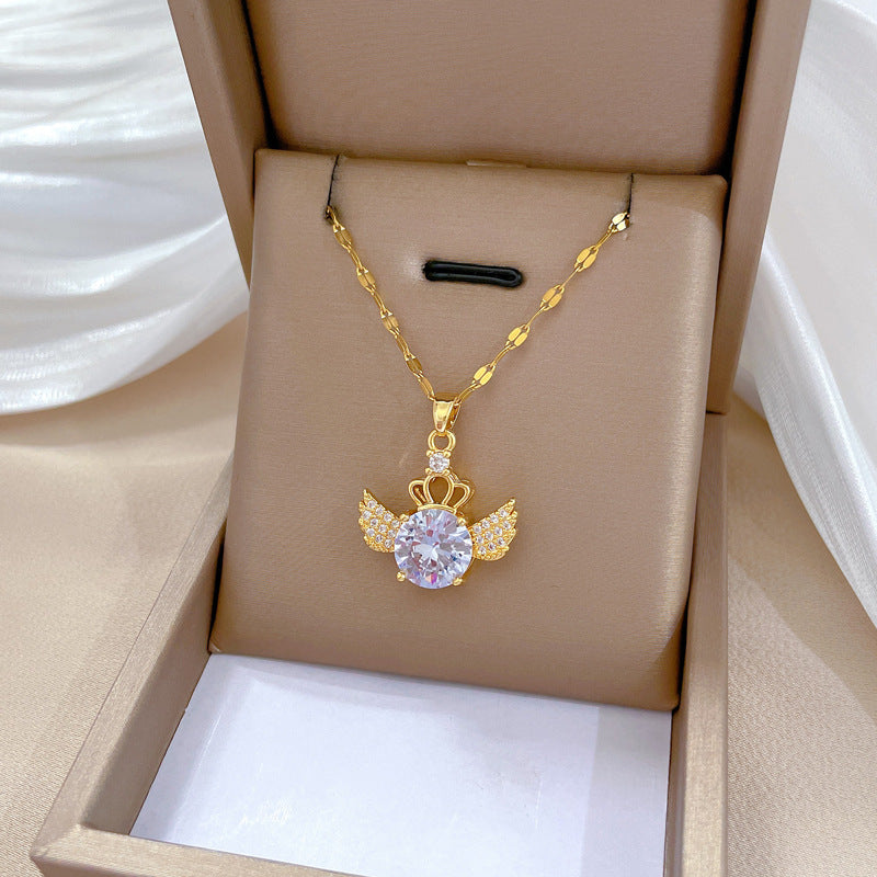 Collar minimalista geométrico con colgante de luna para mujeres y hombres Cadena de acero inoxidable con diseño de corona y alas