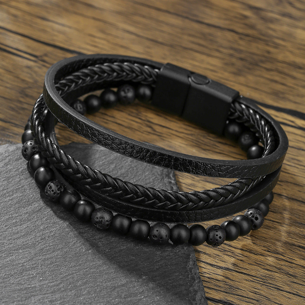 Men's Woven Leather Bracelet with Natural Black Agate and Tiger's Eye Beads Geometric Round Multi-layer Clasp