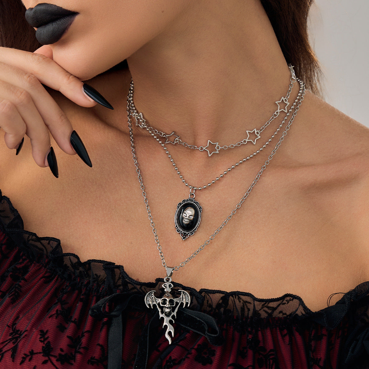Punk Heart Wing Skull Alloy Pendant Plated Brass Necklace Curb Chain Women