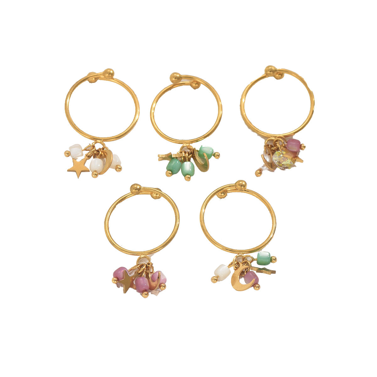 Anillo Abierto Geométrico para Mujer con Diseño de Estrella y Luna, Banda de Cobre con Incrustaciones de Perlas, Anillo de Dedo Minimalista de Moda para Dedo Índice