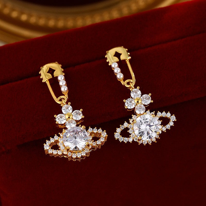 Luxury Geometric Saturn Stud Earrings for Women with Gold-Plated Copper Base and Zirconia Accents