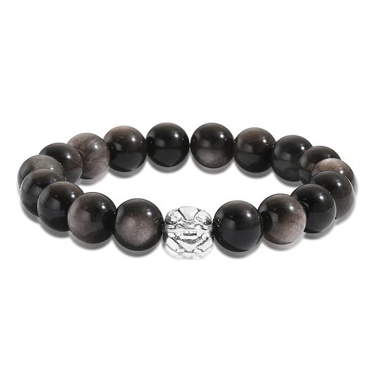 Natural Obsidian Beaded Stretch Bracelet with Pixiu Charm for Men and Women