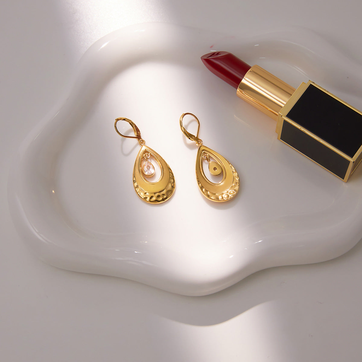 Orecchini a Cerchio da Donna Lusso Geometrico a Goccia in Zircone Acciaio Inossidabile Placcato Oro 18K