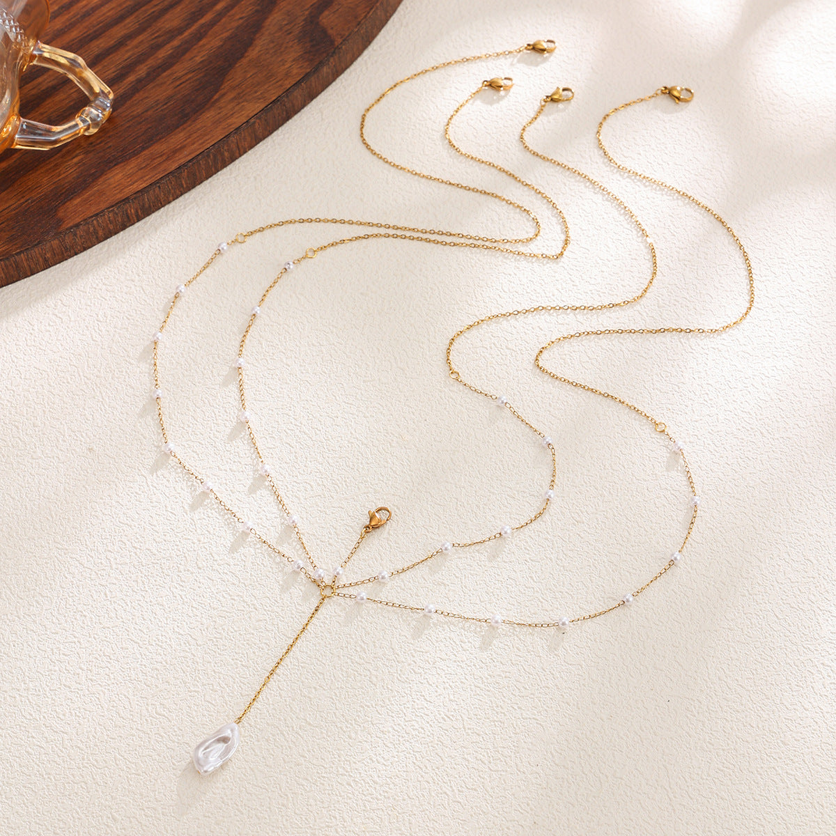 Bohemian Geometric Stainless Steel Body Chain with Faux Pearl PVD 18K Gold Plated Double Layer