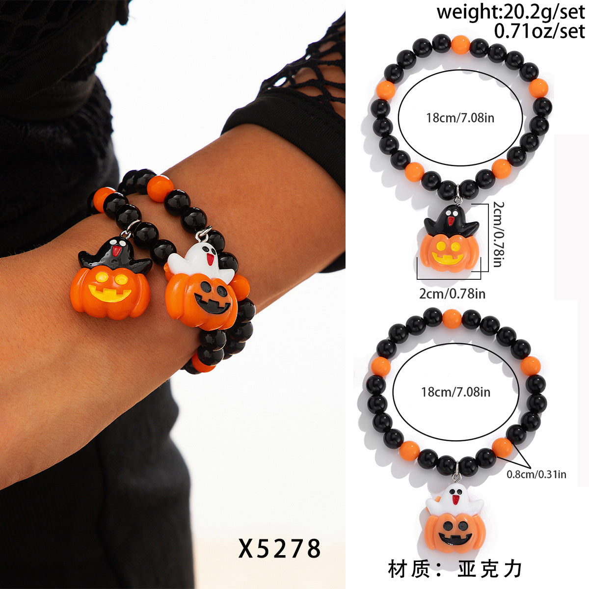 Dark Gothic Skull and Pumpkin Bracelet Set with Alloy Beads, Spider and Insect Motifs, Electroplated Finish for Women