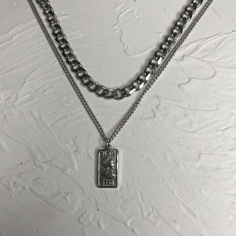 Collana da uomo e donna a doppia catena cubana geometrica minimalista in acciaio inossidabile con ciondolo in acciaio al titanio lucidato