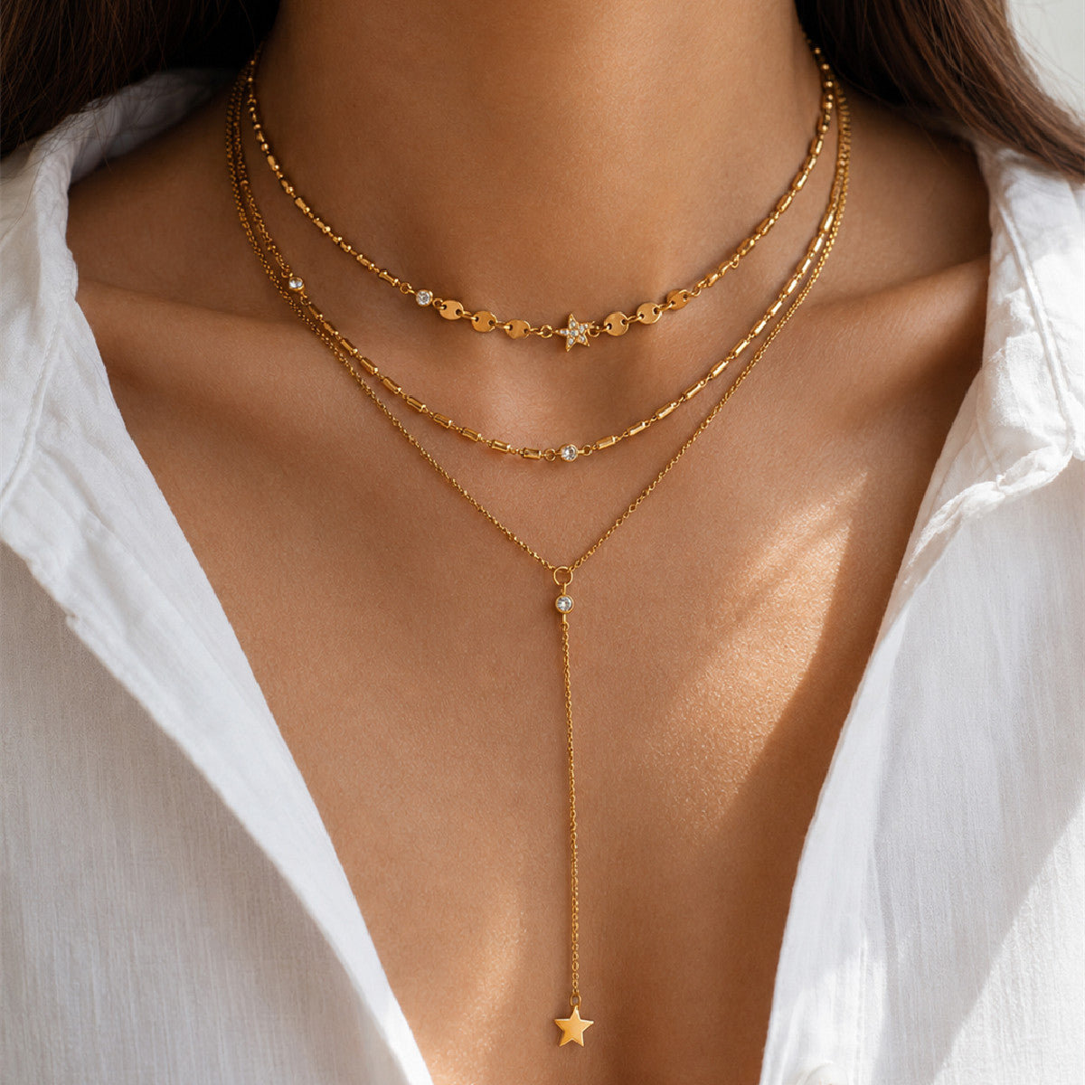 Luxury Star Pendant Stainless Steel Necklace with Rhinestone Inlay and Tassel Layered Design for Women