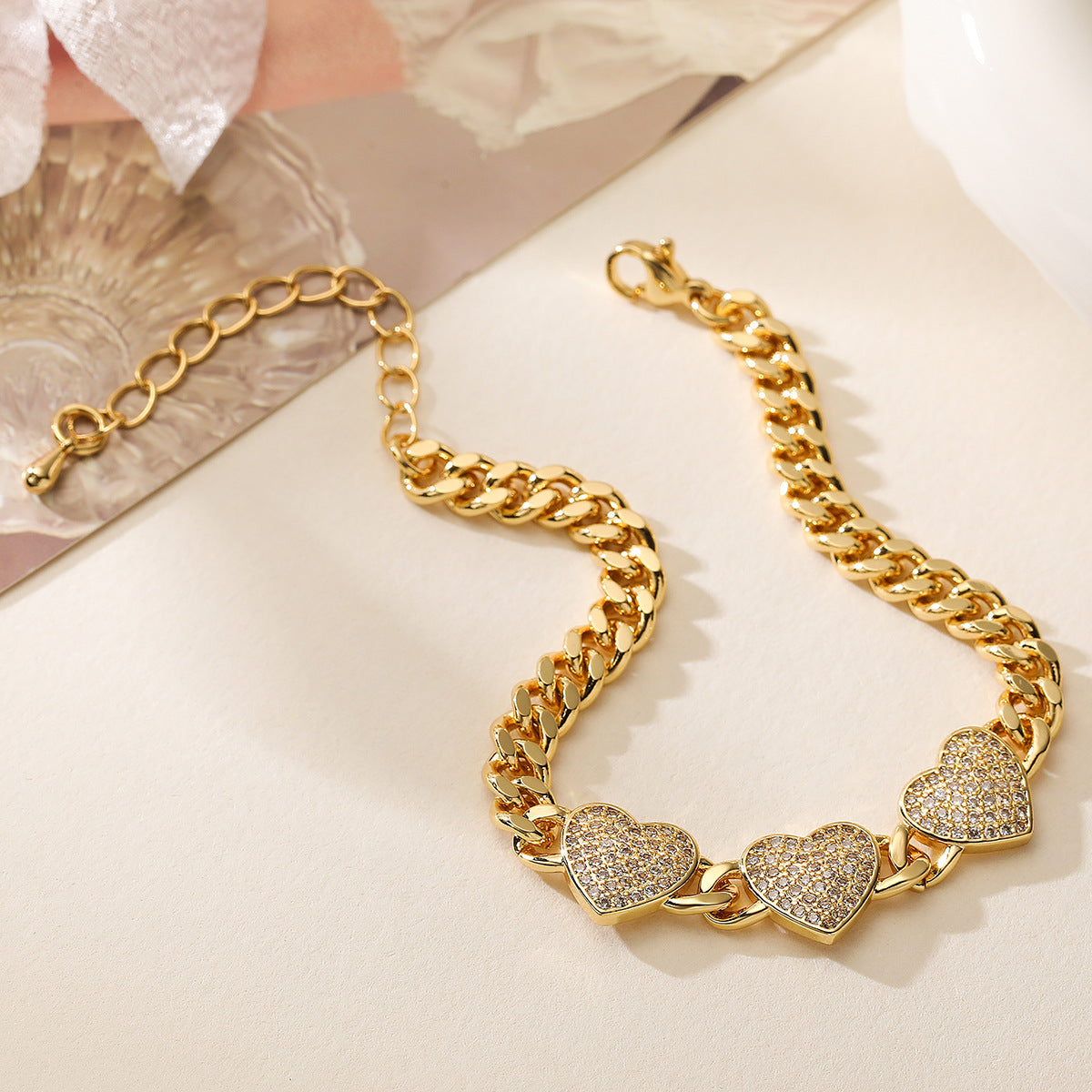 Fashionable Heart-Shaped Copper Bracelet with 18K Gold Plating and Zircon Accents for Women