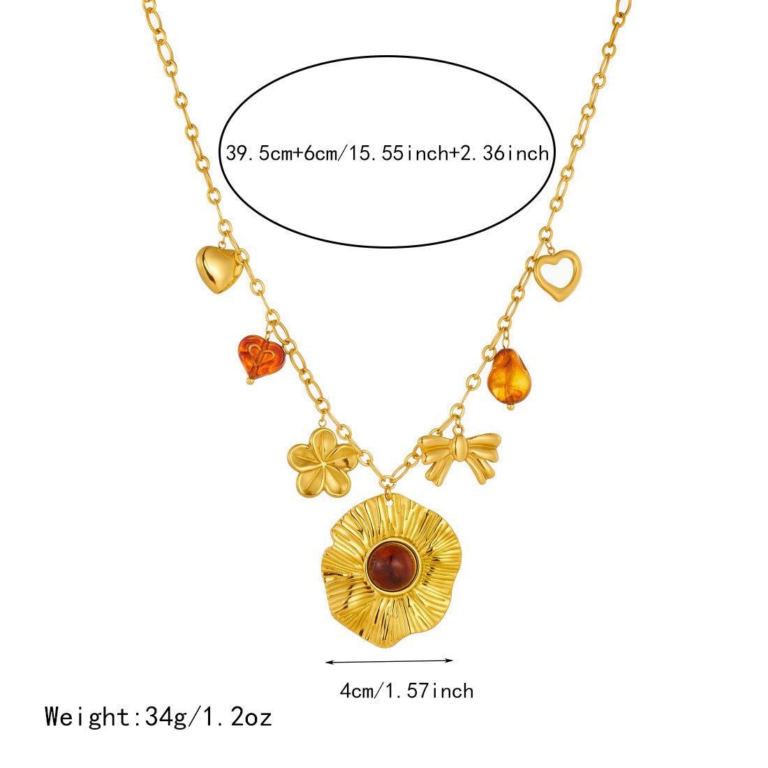 Vintage Gold Plated Floral Bow Heart Stainless Steel and Resin Pendant Necklace for Women