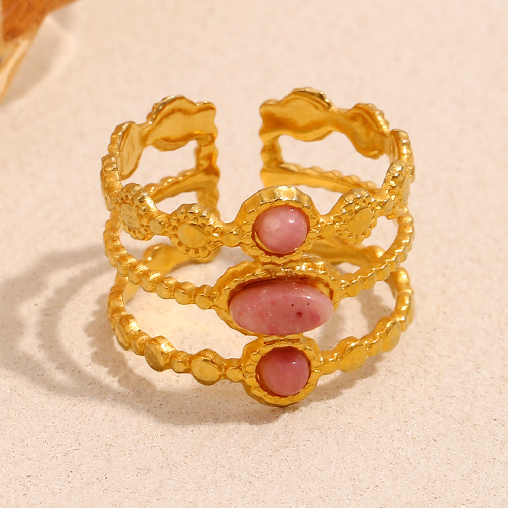 Anello Geometrico Vintage Francese in Acciaio Inossidabile con Placcatura in Oro 18K e Accento di Rubino
