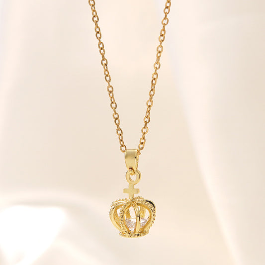Collar de corona de acero inoxidable chapado en oro con diamantes de imitación para mujer