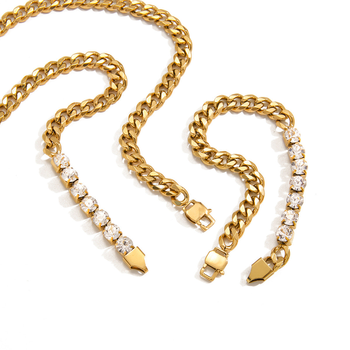 Set collana e bracciale in acciaio al titanio placcato oro 18 carati con strass rotondi geometrici alla moda da donna