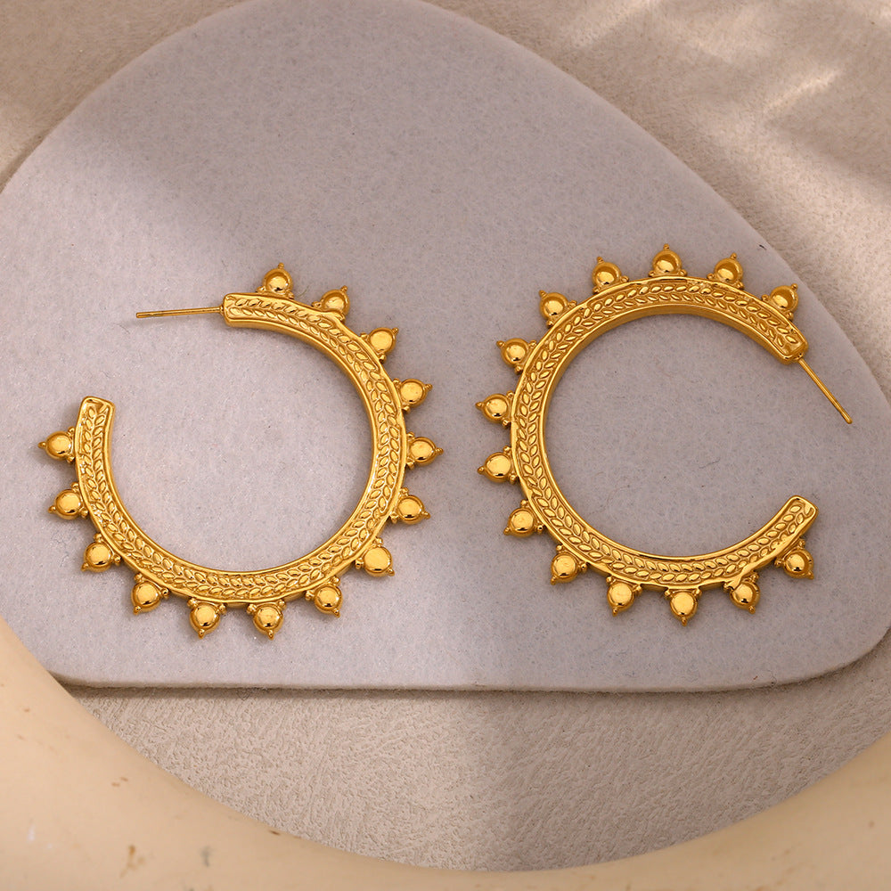 Minimalist Geometric Stainless Steel Plated 18K Gold Bohemian Wheat Pattern Large C-Shaped Hoop Earrings for Women