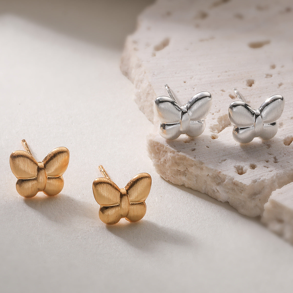 Minimalist Sweet 18K Gold Plated Brushed Brass Butterfly Earrings