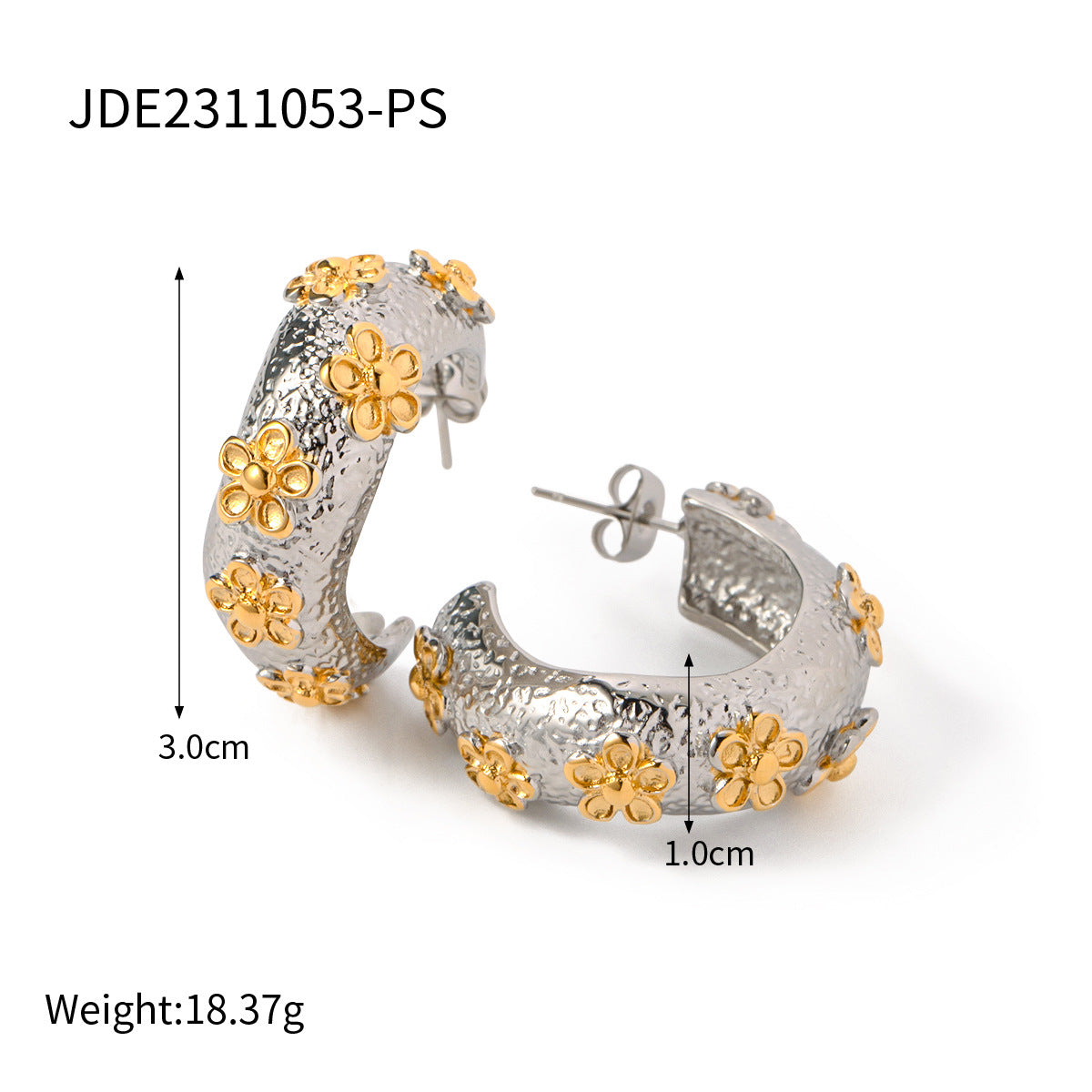 Vintage Bohemian 18K Gold Plated Hammered Flower C-Shaped Stainless Steel Earrings for Women
