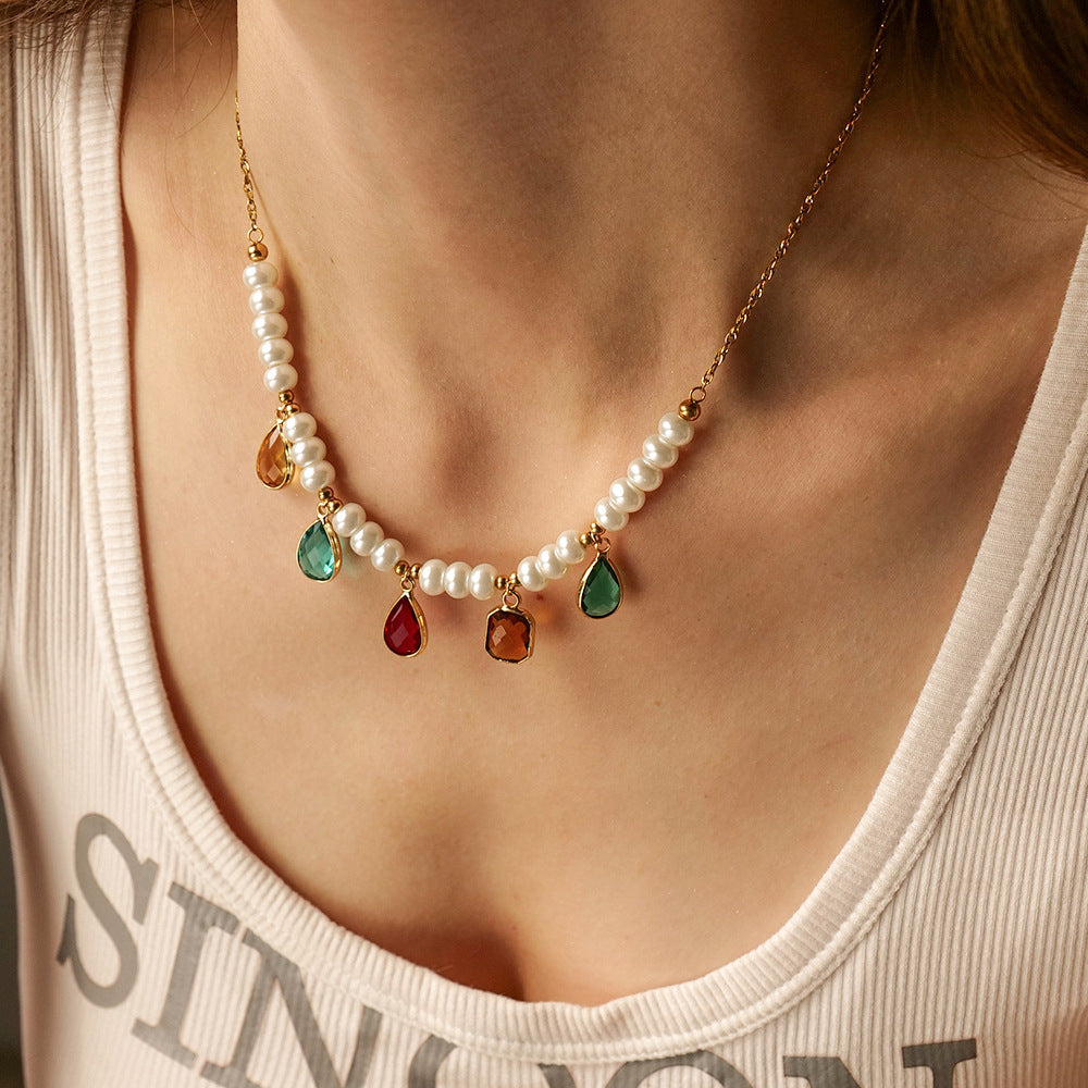 Elegant Geometric Round Stainless Steel Necklace with Cubic Zirconia and Pearl for Women