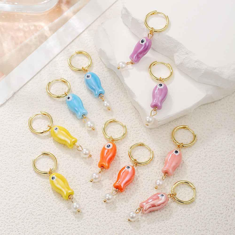 Cute Cartoon Fish Geometric Round Ceramic Brass Earrings for Women
