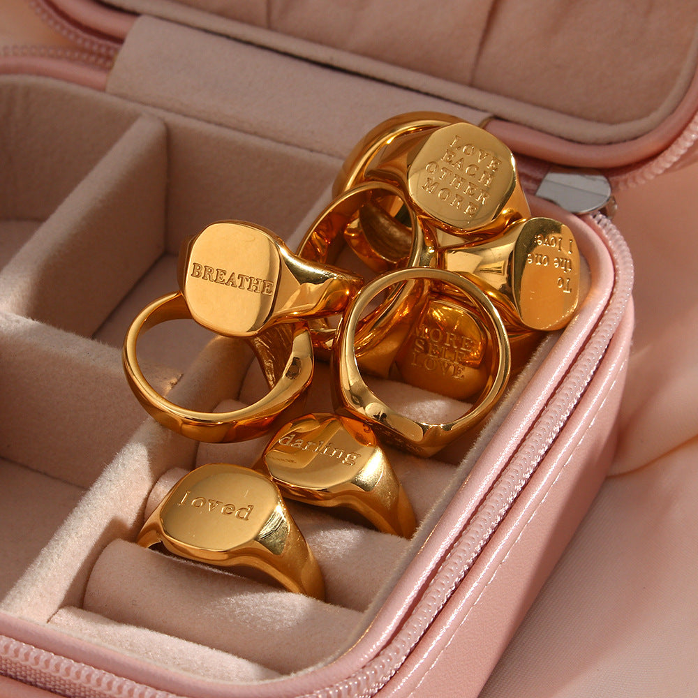 Minimalist Letter-Shaped Titanium Steel Ring with 18K Gold Plating for Women