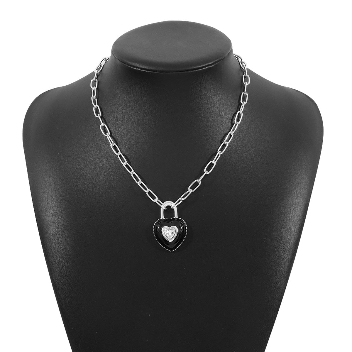 Vintage Black Heart Lock Pendant Necklace with Rhinestone Inlay in Alloy, Geometric Design, Plated Finish
