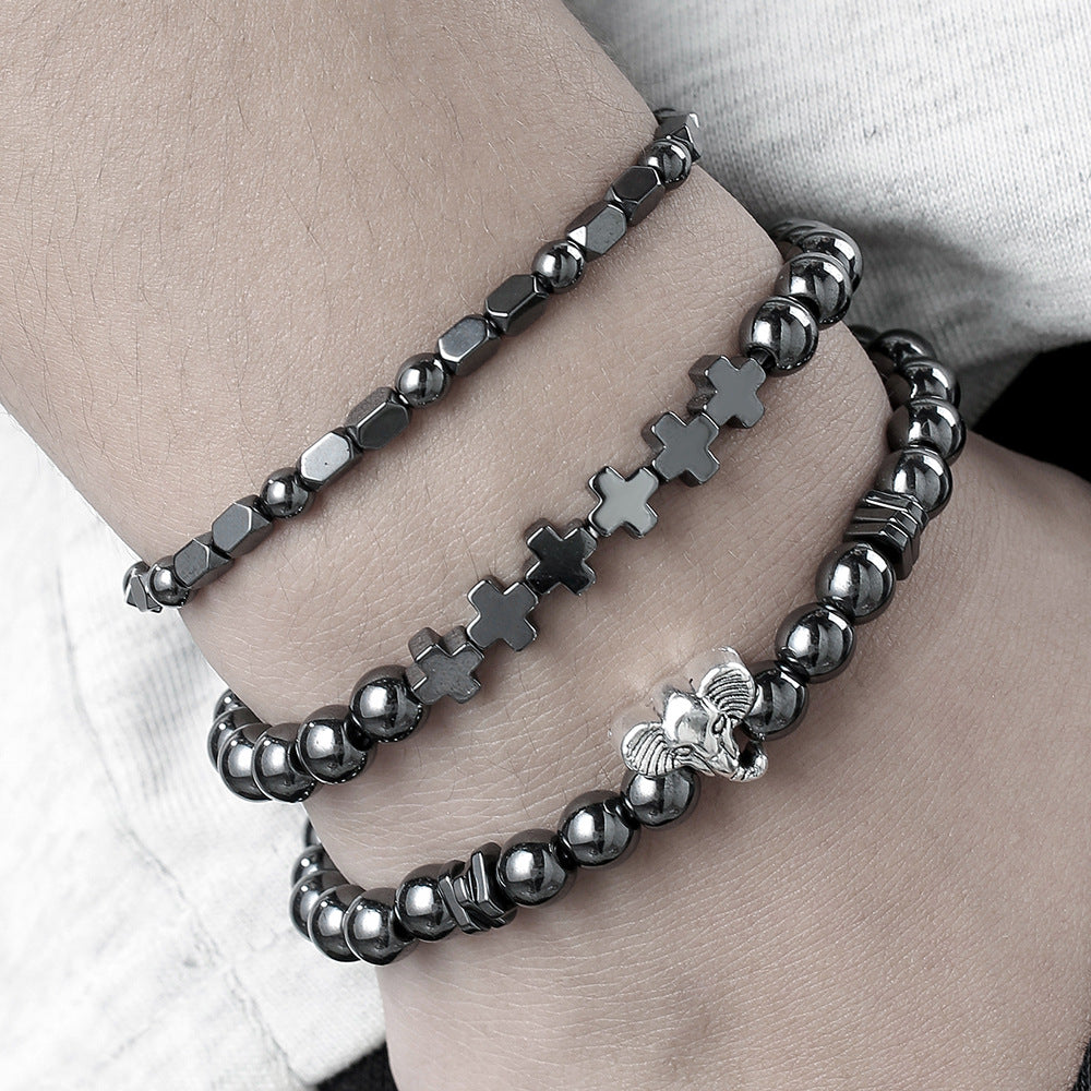 Vintage Punk Matte Brass Bracelet Set with Cubic Zirconia Crown Lion Head and Dice Beads