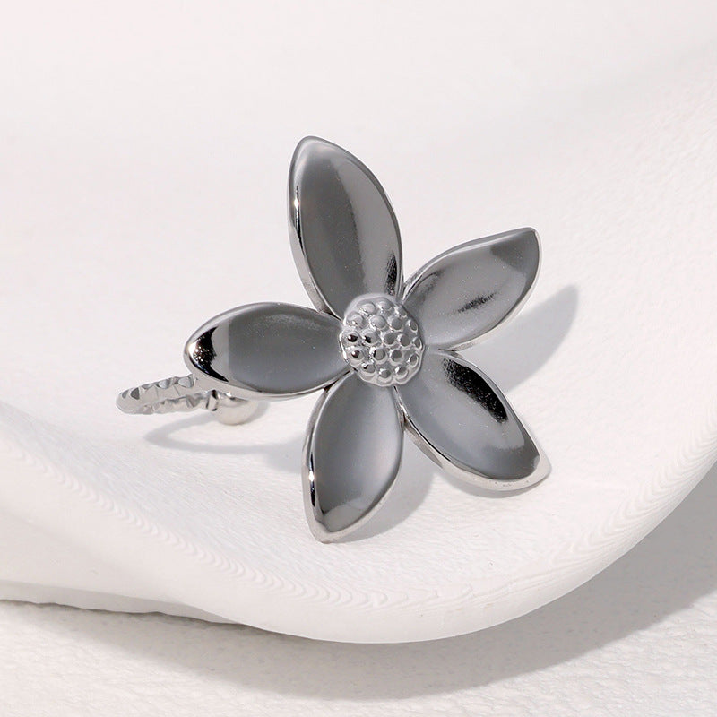 Minimalist Floral Stainless Steel Adjustable Ring with Gold Plating for Women