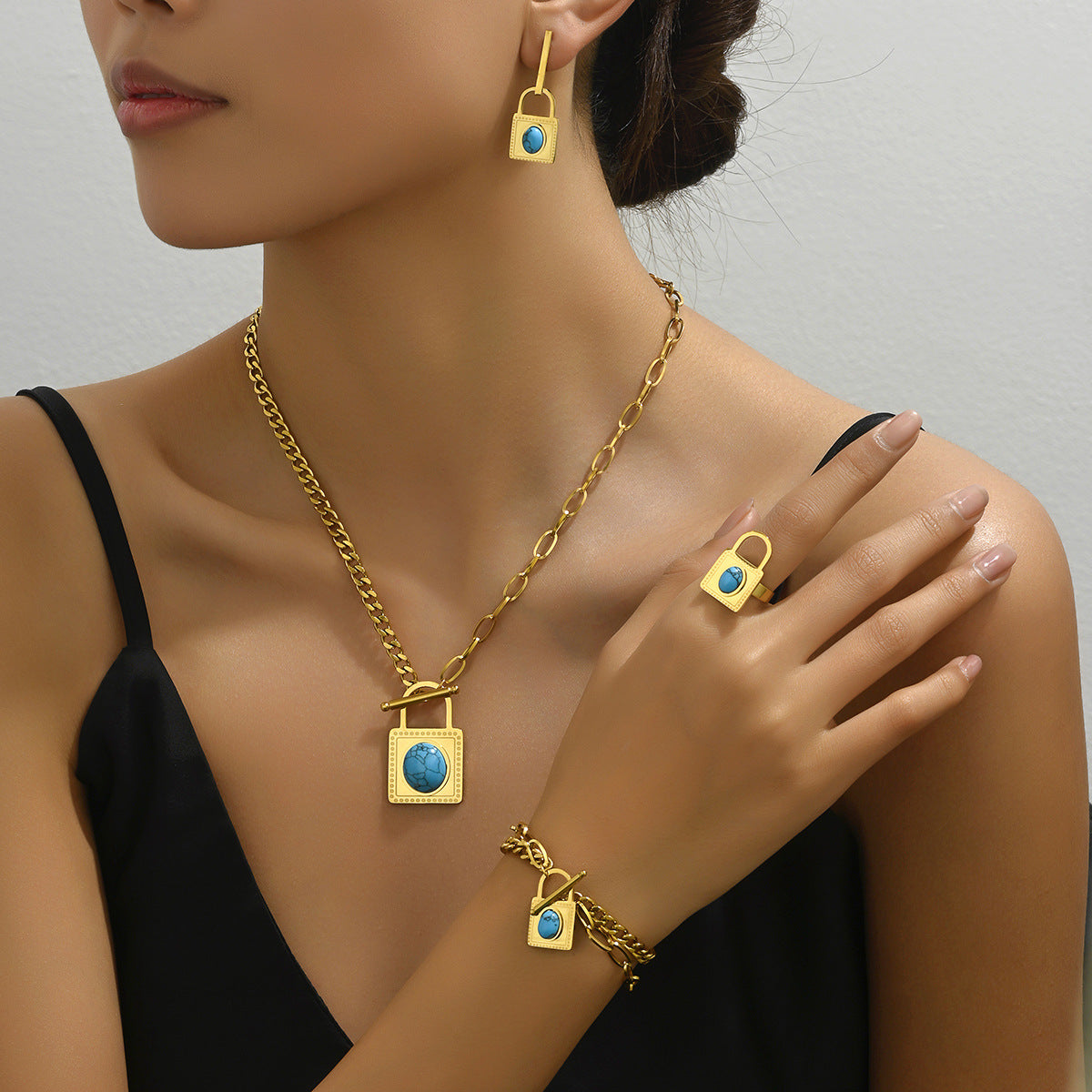 Conjunto de collar, aretes y pulsera con incrustaciones de turquesa en forma de candado para mujer, estilo hip hop minimalista