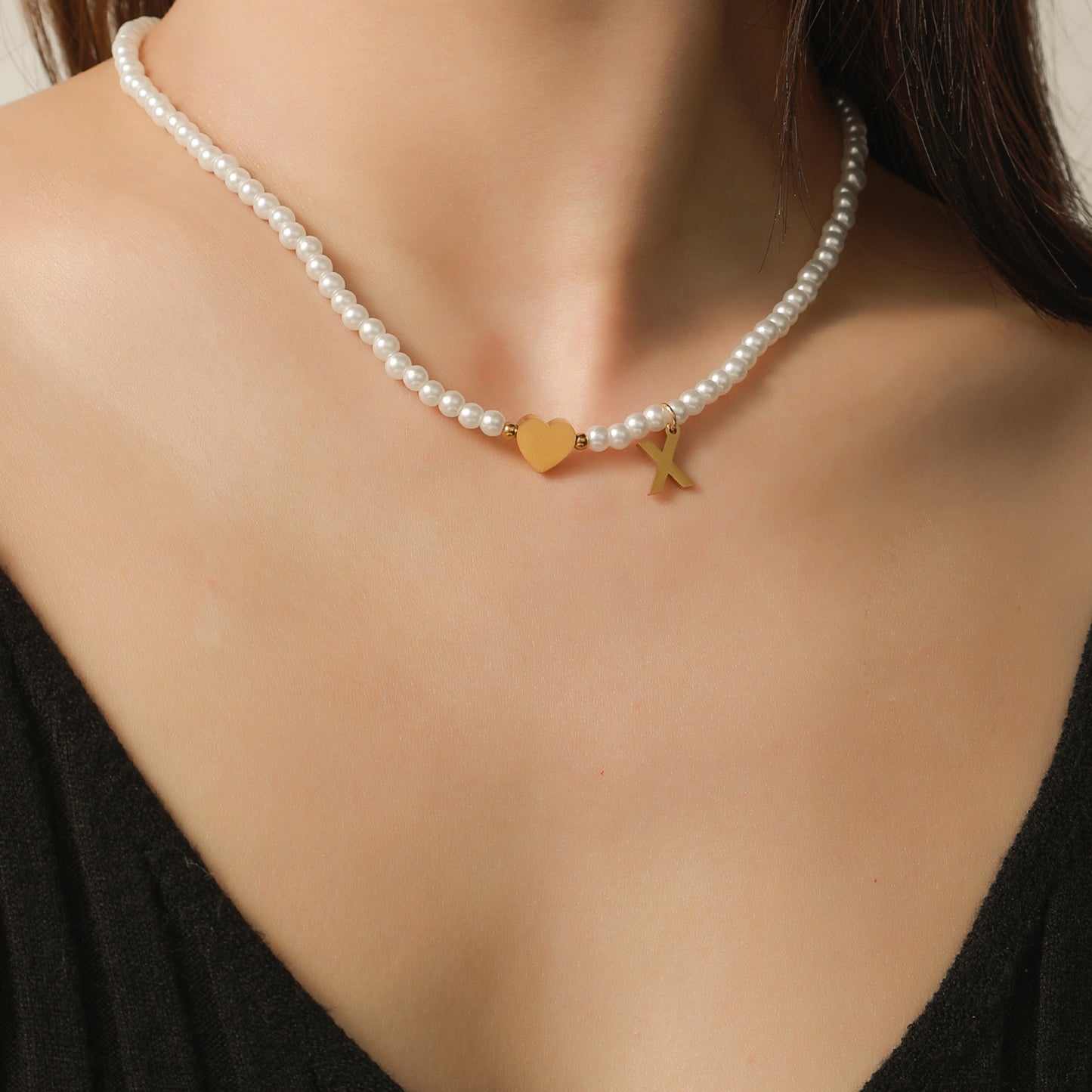 Minimalist Letter Heart Stainless Steel Pearl Necklace Women Cable Chain
