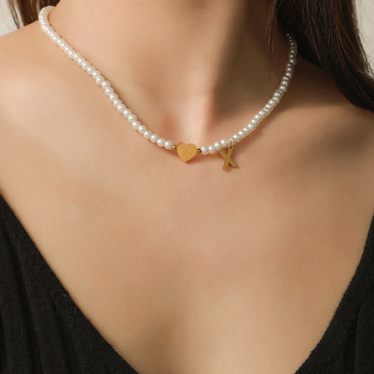 Minimalist Letter Heart Stainless Steel Pearl Necklace Women Cable Chain