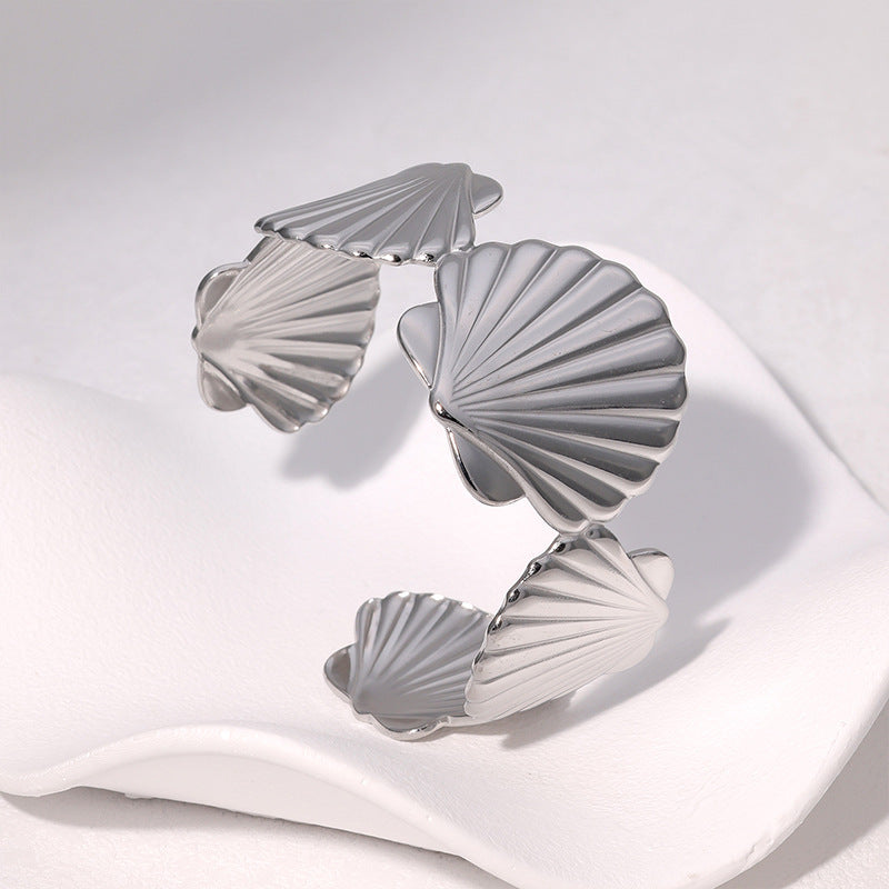 Minimalist Stainless Steel Wide Scallop Open Cuff Bracelet for Women