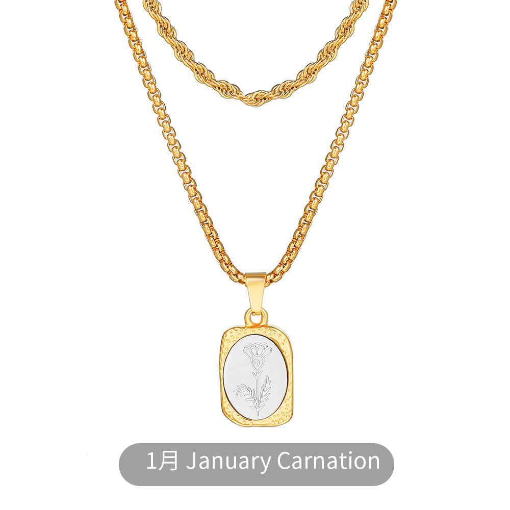 Vintage Two-Tone Gold and Silver Plated Stainless Steel Square Rose Pendant Necklace with Box Chain for Women