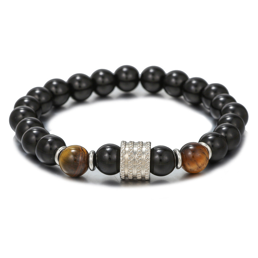 Geometric Round Stainless Steel Black Agate Obsidian Beaded Bracelet