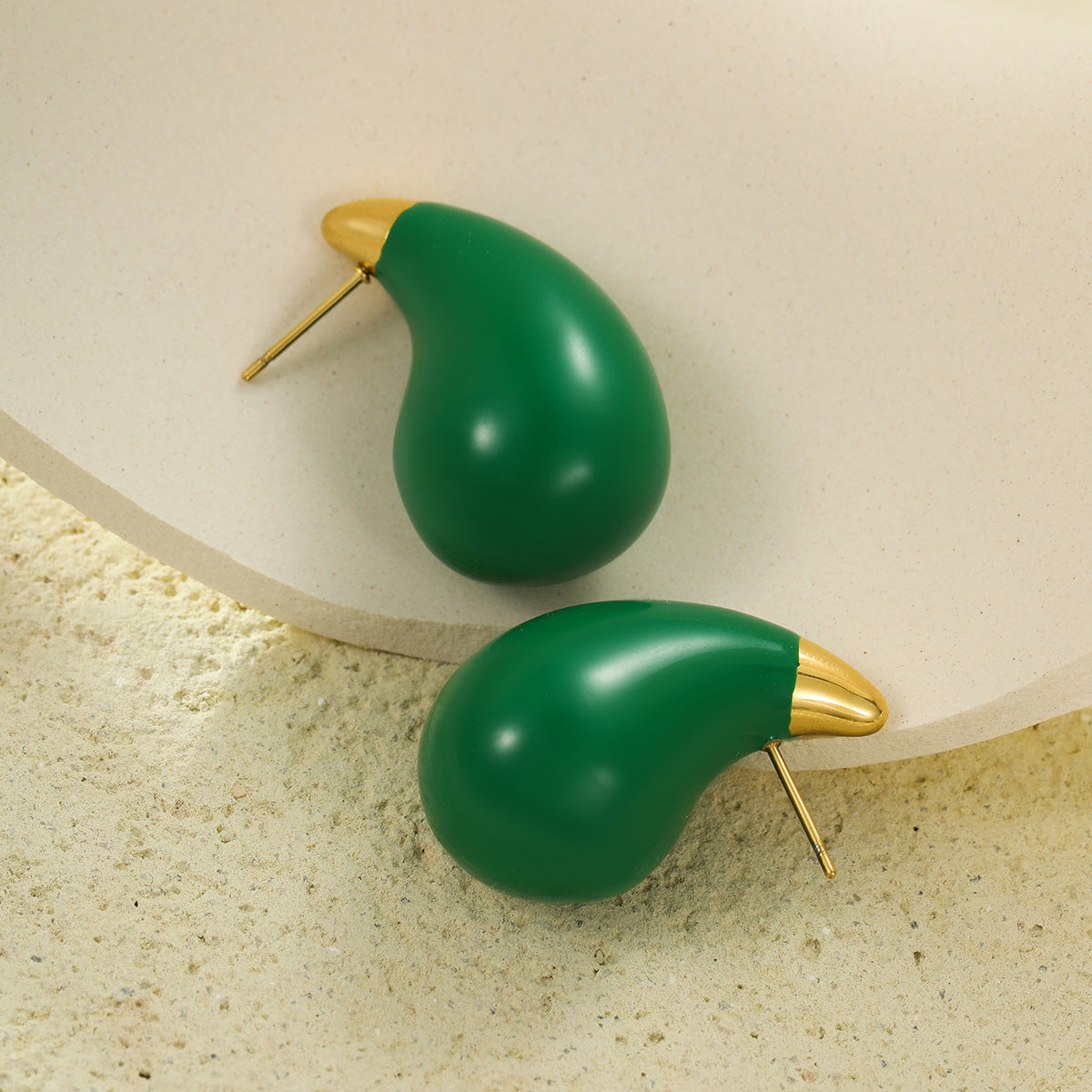 Minimalist Titanium Steel Drop-Shaped Earrings with Enamel Finish in Green, Polished Surface, Fashionable and Versatile for Women