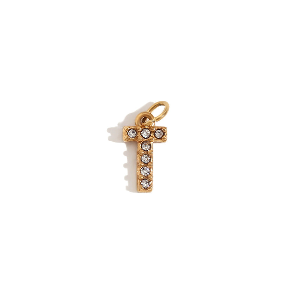 Collana pendente con iniziale in acciaio inossidabile placcato oro 18K e intarsio di strass, stile minimalista