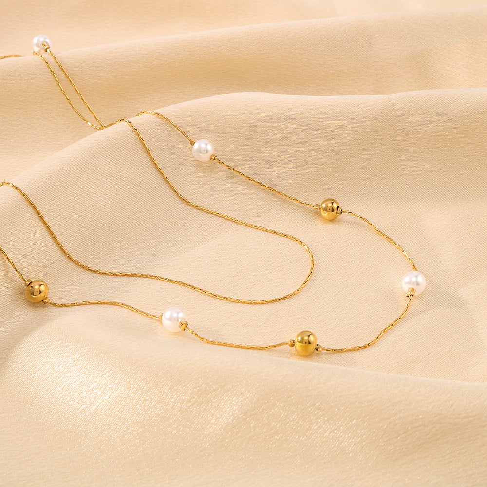 Minimalist Double-Layer Pearl Ball Necklace in Titanium Steel with 18K Gold Plating for Women