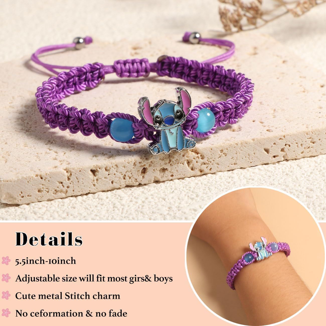 Cartoon Stitch Braided Rope Crystal Beaded Bracelet Unisex Gift