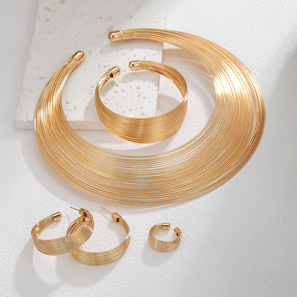 Multi-Layer Geometric Round Plated Alloy Jewelry Set Necklace Bracelet Earrings