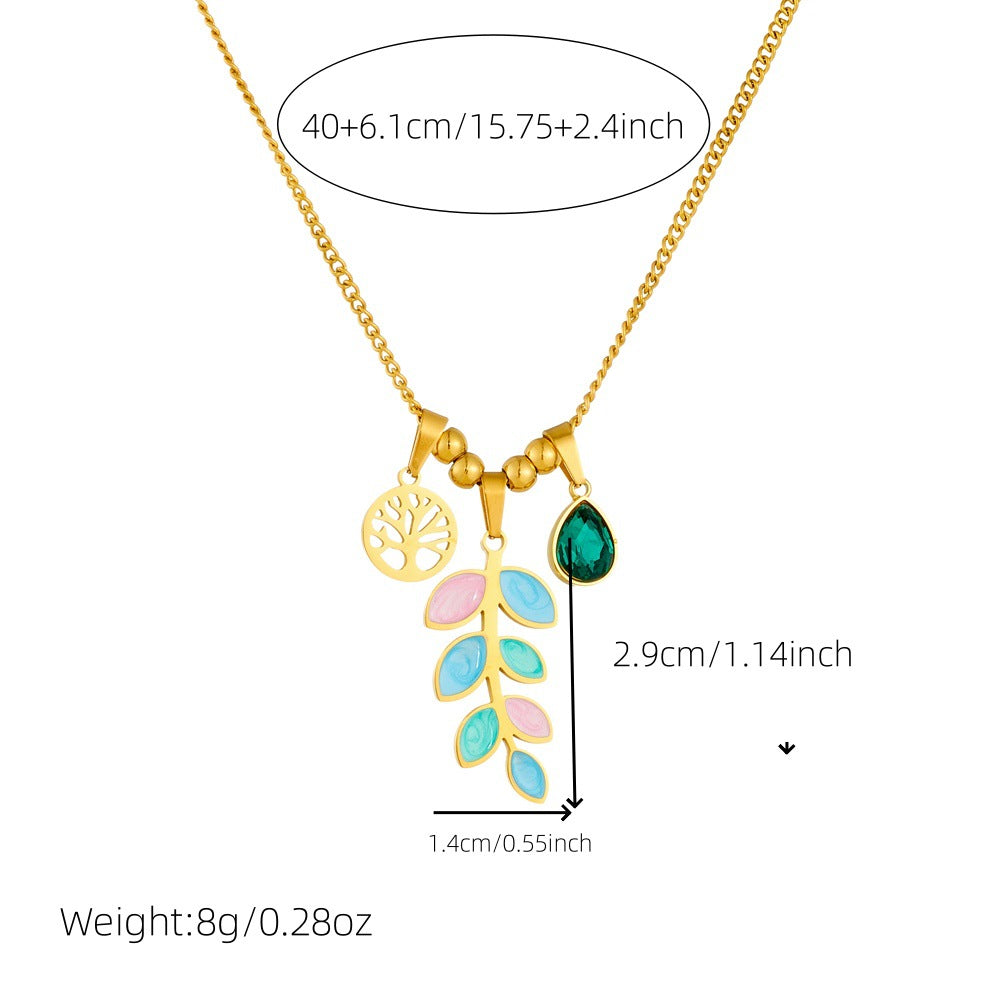 Sweet Drip Oil Plant Shape Gold Plated Stainless Steel Life Tree Pendant Necklace with Serpentine Chain for Women