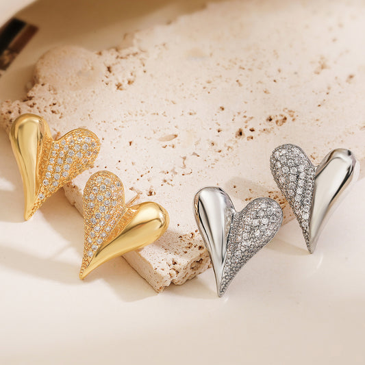 Pendientes Minimalistas de Corazón con Circonita Cúbica para Mujer, de Cobre con Engaste Micro Pavé