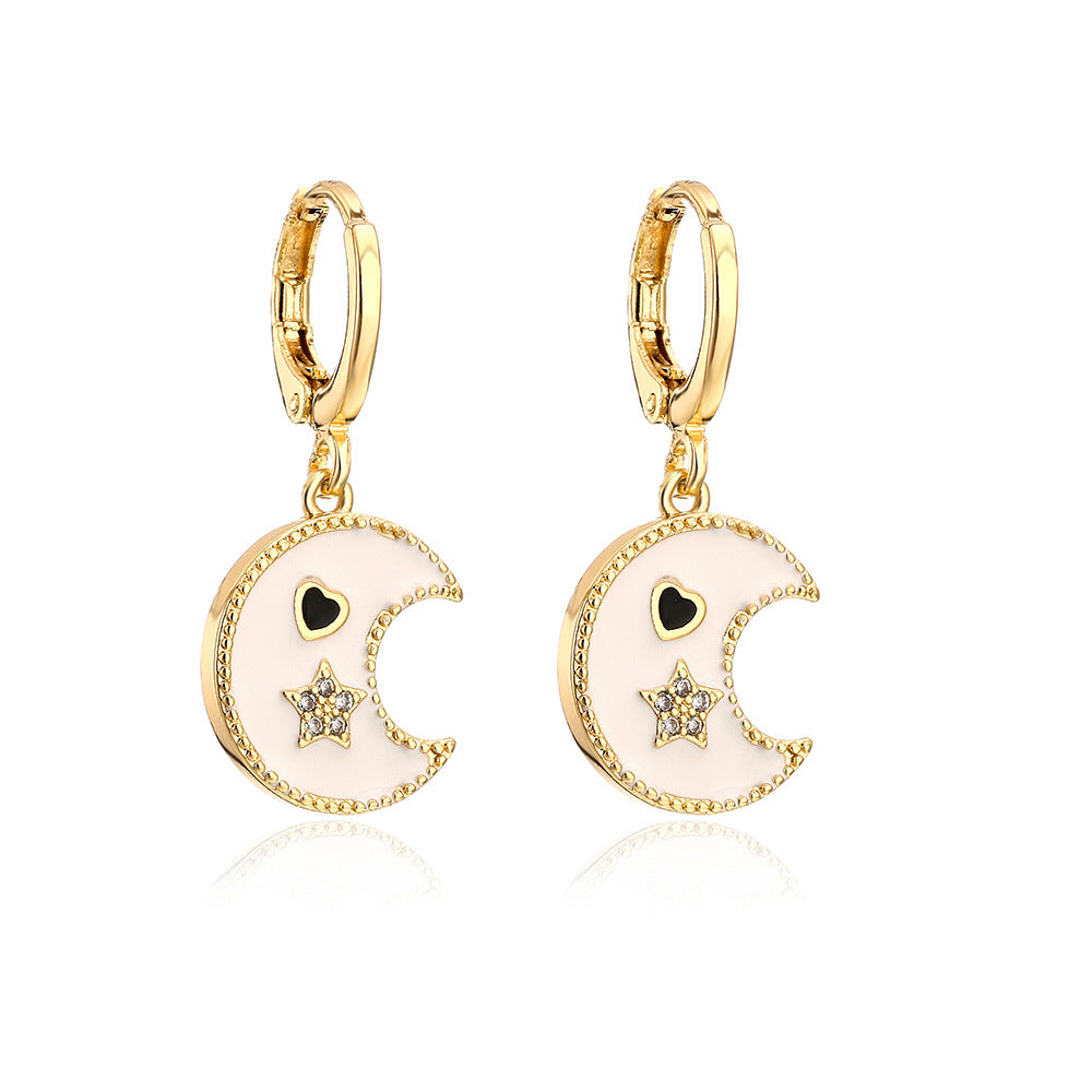 Orecchini minimalisti a forma di stella e luna in rame placcato oro 18K con finitura smaltata da donna
